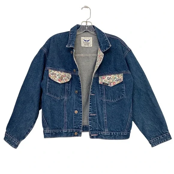 Virtue Jeans Casual Collection Denim Jacket Floral Print Pockets Lined 80s 90s M - Picture 9 of 9